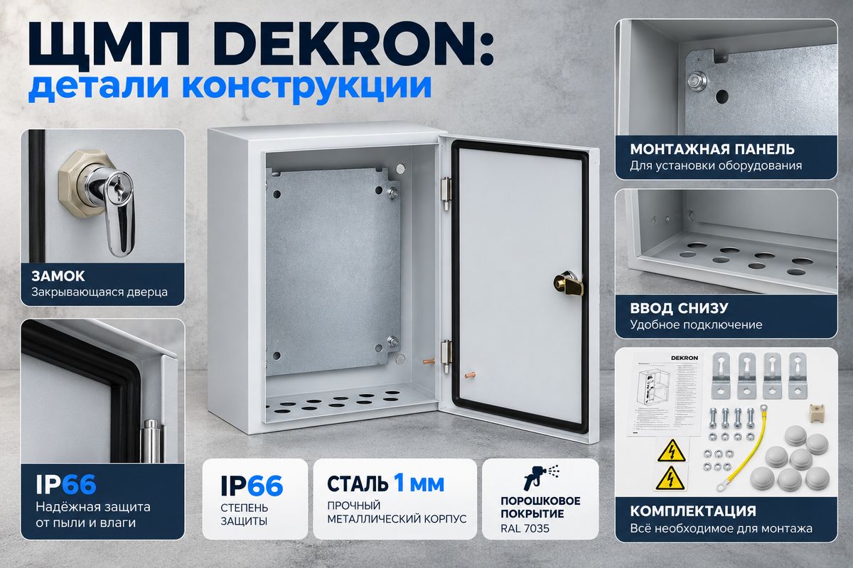 Металлический монтажный щит ЩМП DEKRON IP66 с монтажной панелью, дверным замком, кабельными вводами и комплектом крепежа
